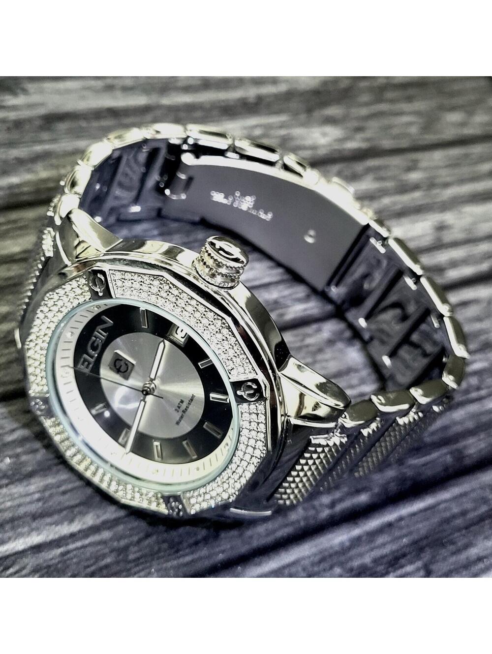 Rare Diamond Paved Bezel Mens Watch Elgin Authorized Dealer